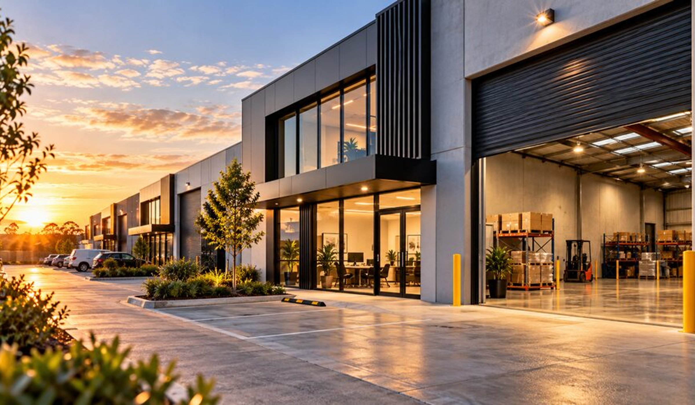 Modern industrial estate with a glass office and open warehouse at golden hour